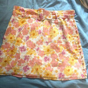 Sabo Skirt Pink/Orange Floral Linen Skirt Belted XL